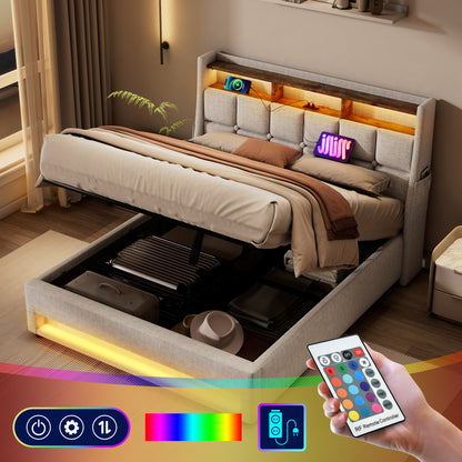 Full size Upholstered Platform bed with a Hydraulic Storage System, LED and USB Charging, Natural (without mattress)