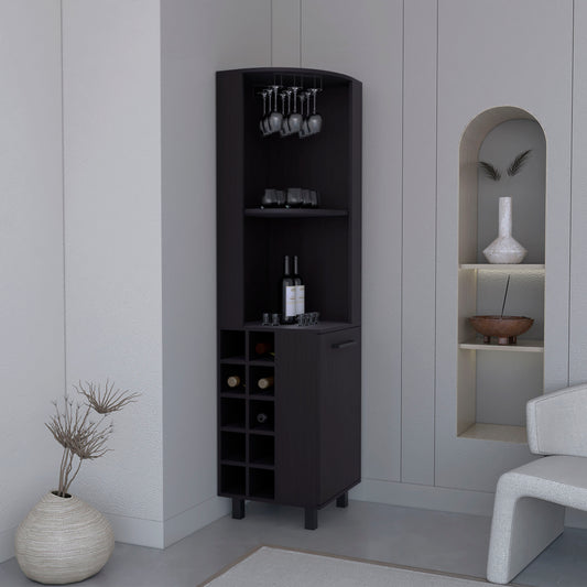 Kaia 70' Tall Corner Bar Cabinet With Four Shelves, Ten Wine Bottle Cubbies and Stemware in Black Wengue