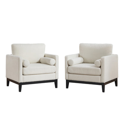 35.4' Wide Modern Farmhouse Performance Accent Chair with Black Finish Legs, Wood Base Reading Armchair Single Sofa with Two Bolster Pillows for Living Room Offices and Lounge, Ivory Boucle.