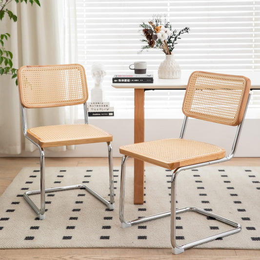 Dining Chairs Set of 2, Velvet Rattan Side Accent Chairs with Chrome Legs, Modern Mid Century Breuer Designed Chairs, Upholstered Dining Living Room Kitchen Chairs