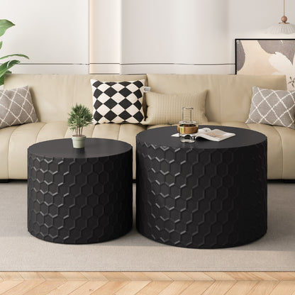 Stylish and Minimalist Nesting Coffee Table Set with Honeycomb Design, Modern Round Coffee Table, Drum Circle Coffee Table for Living Room, Bedroom, Black(Set of 2 Pieces)