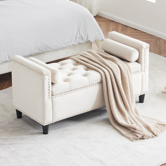 Storage Bench, 44.5-Inch Queen Velvet Button Bedside Bench, Entryway Living Room with Armrests, Nailhead Trim, Upholstered Bedroom Bench, Bedside Ottoman, Living Room, Entryway, Cream
