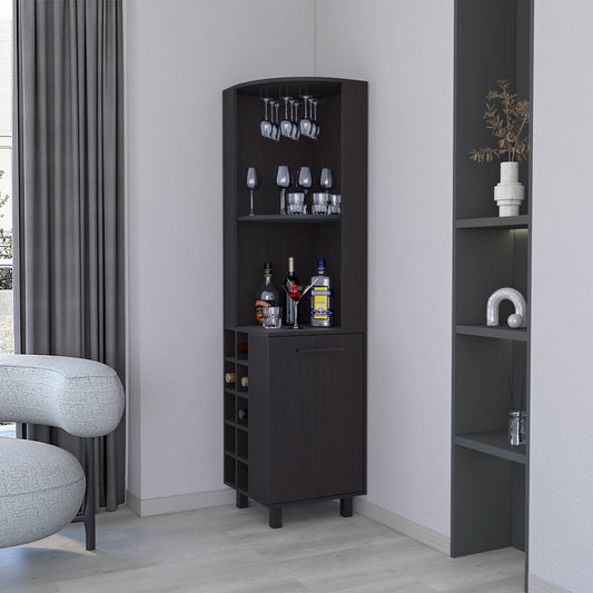 FM FURNITURE Leah Corner Bar cabinet with ample storage and wine rack. Wengue