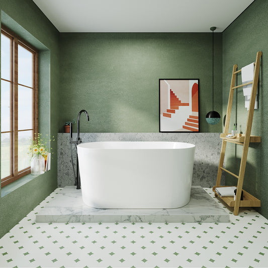 55' Acrylic Freestanding Bathtub, Small Soaking tub, Glossy White, Pop Up Chrome Drain, cUPC Certified