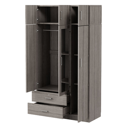 Modern Gray 3-Door Mirror Wardrobe with 2 Drawers and Top Cabinet, Particle Board