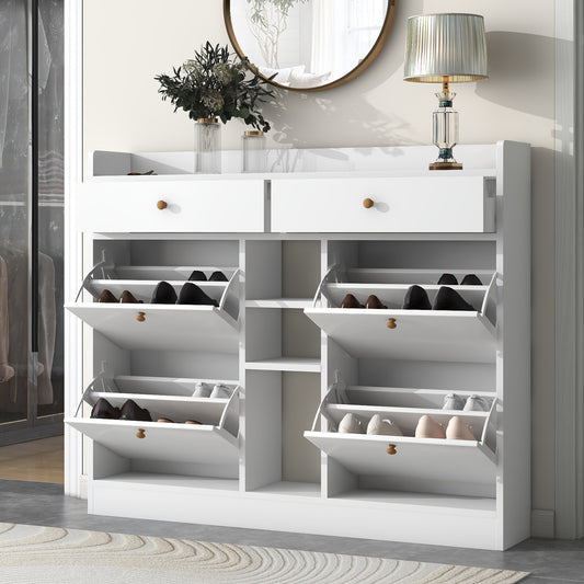 [VIDEO provided] ON-TREND Modern Tipping Bucket Shoe Cabinet with 4 Flip Drawers, Multifunctional 2-Tier Shoe Storage Organizer with Drawers, Free Standing Shoe Rack for Entrance Hallway, White.