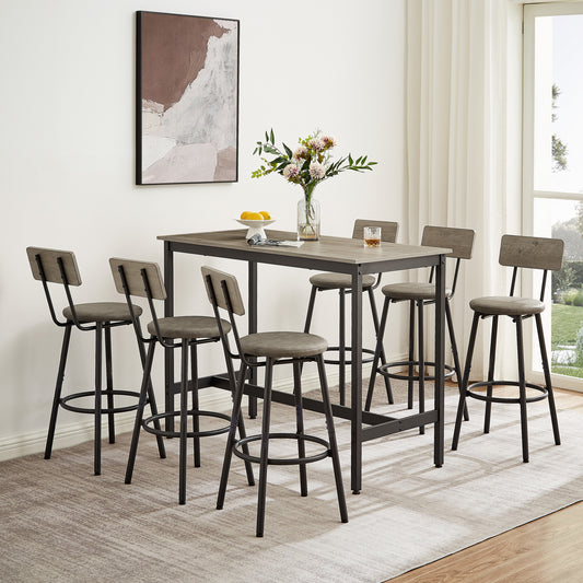 Pub High Dining Table 7 Piece Set, Industrial Style Pub Table, 6 PU Leather Bar Chairs for Kitchen Breakfast Table, Living Room, Bar, Rustic Grey, 47.2″L x 23.6'W x 35.4'H