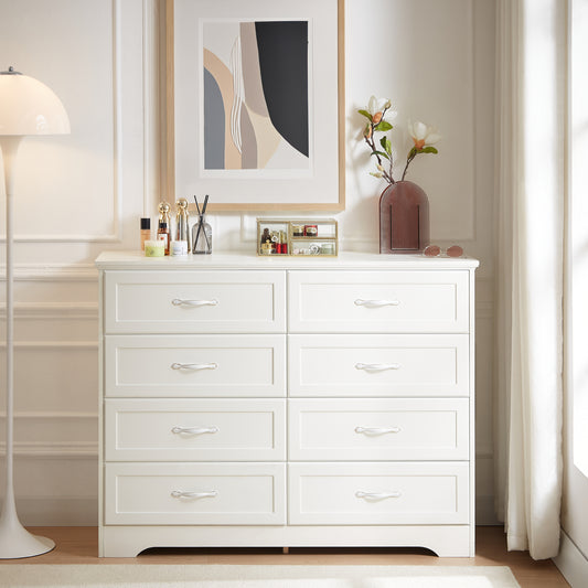 Modern Bedroom Chest of Drawers, Dresser with 8 Drawers, Clothes Organizer -Metal Pulls for Living Room, Bedroom, Hallway, White, 47.6″L x 15.7″W x 36.7″H