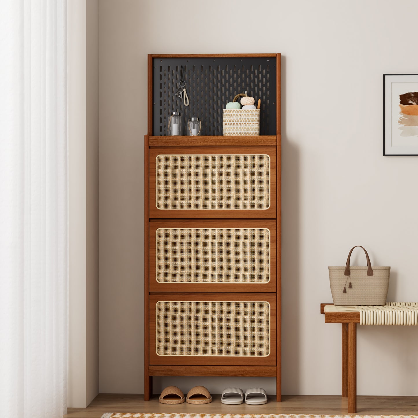 Rattan Shoe Cabinet for Entryway, Free Standing Shoe Rack with 3 Flip Drawers & Black Pegboard, Hidden Narrow Shoe Cabinet for Entrance Hallway, 24.88'W x 7.88' D x 65'H