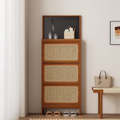 Rattan Shoe Cabinet for Entryway, Free Standing Shoe Rack with 3 Flip Drawers & Black Pegboard, Hidden Narrow Shoe Cabinet for Entrance Hallway, 24.88'W x 7.88' D x 65'H