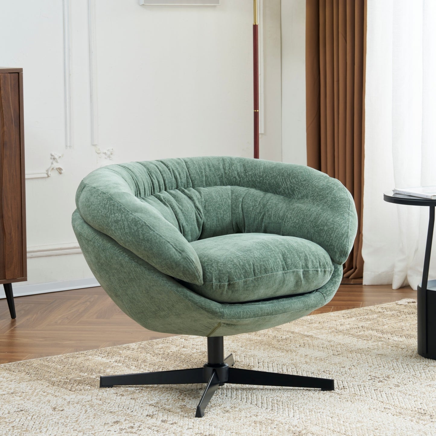 Modern Chenille Office Chair, 360° Swivel Club Chair/Accent Chair with Removable Cushion, Round Office Chair, Black Metal Base, Cotton Material, Living Room, Bedroom, Reading Corner, Office (Green)