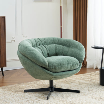 Modern Chenille Office Chair, 360° Swivel Club Chair/Accent Chair with Removable Cushion, Round Office Chair, Black Metal Base, Cotton Material, Living Room, Bedroom, Reading Corner, Office (Green)
