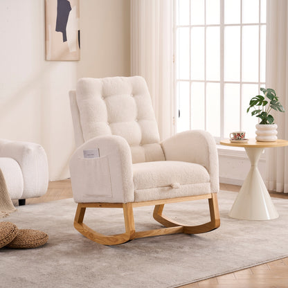 LY-5104 Plush Accent Rocking Chair with Footrest, Cream White High-Back Rocker, Rubber Wood Lounge Chair for Nursery & Living Room, 38.36'W x 26.77'D x 39.76'H