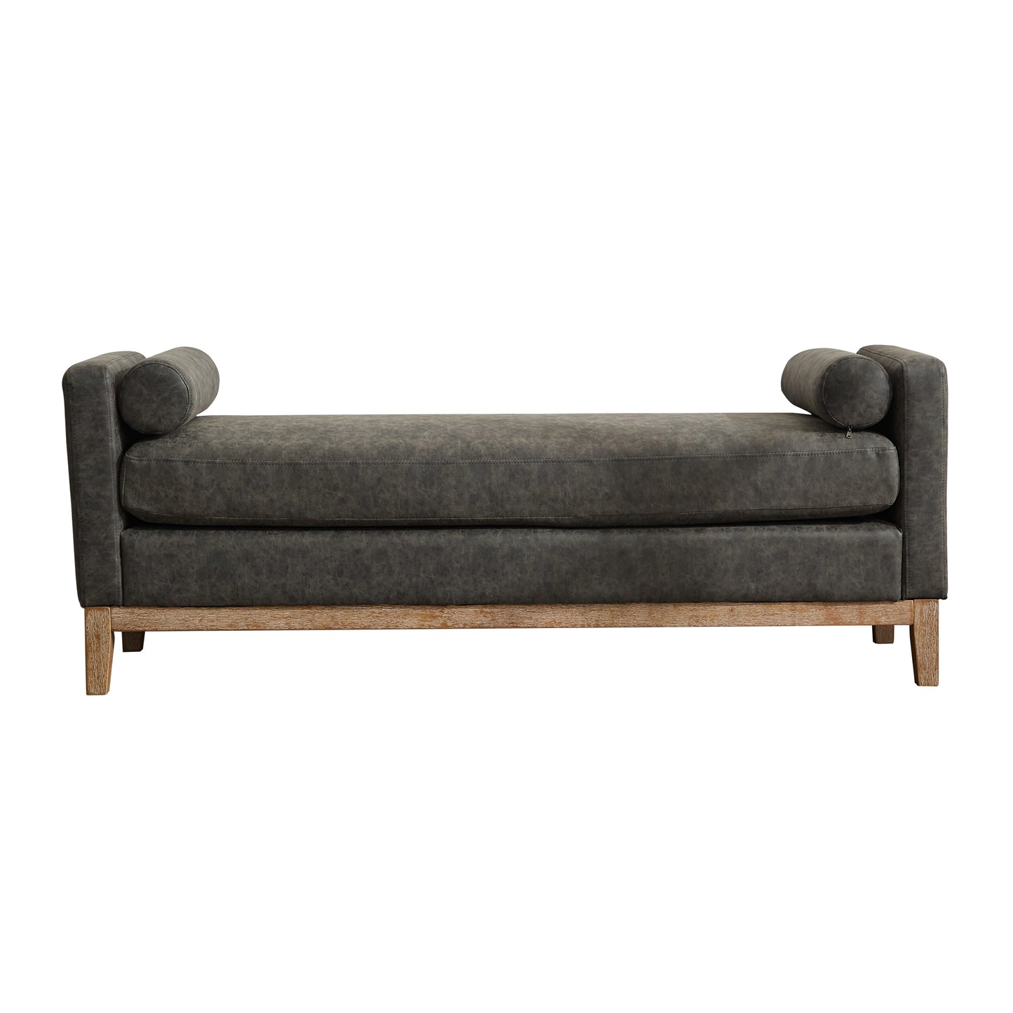 Elegant Upholstered Bench,Daybed,Ottman with Wood Legs & 2 Bolster Pillows, Gray PU, 66.34'W for Bedroom, Living Room, Entryway