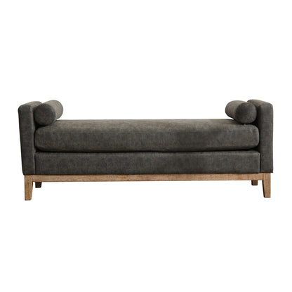 Elegant Upholstered Bench,Daybed,Ottman with Wood Legs & 2 Bolster Pillows, Gray PU, 66.34'W for Bedroom, Living Room, Entryway