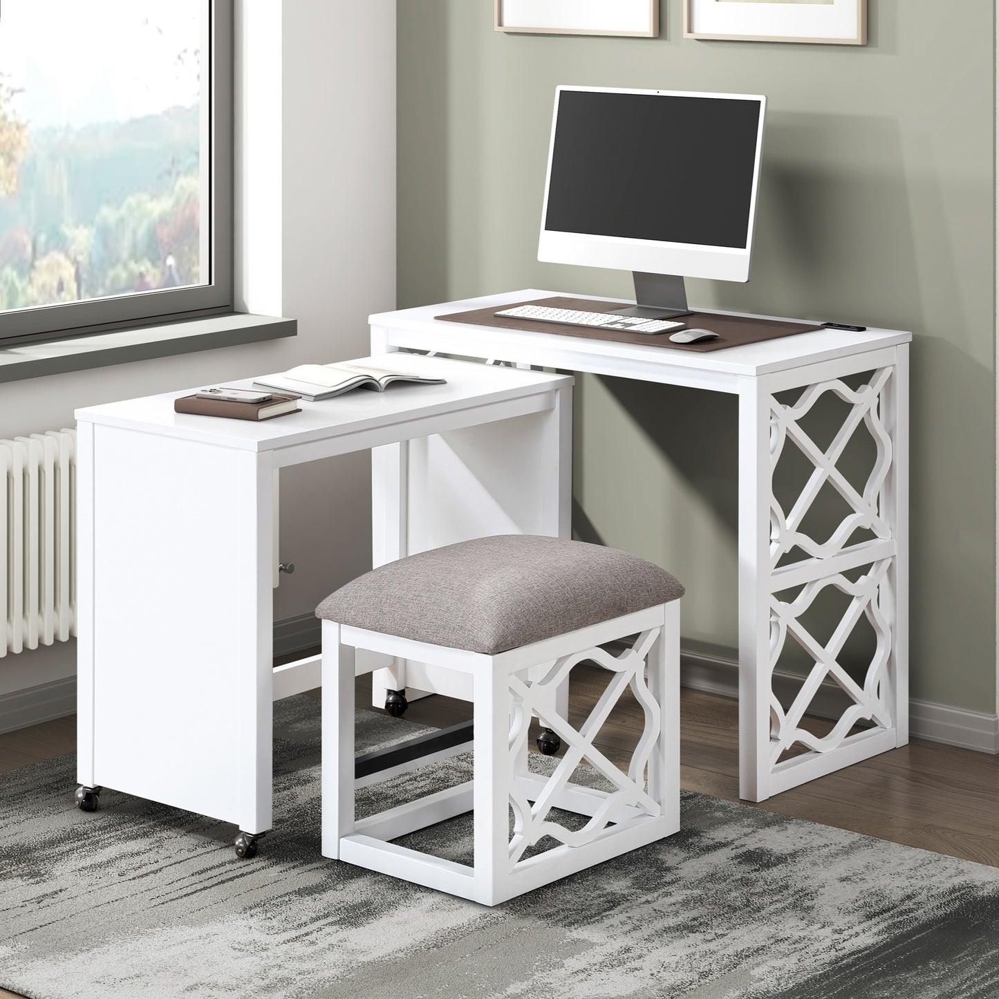 Desks and Stool Set 3pc White Finish Rolling Desk with Casters, 2 Charging ports Home Office Furniture