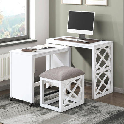 Desks and Stool Set 3pc White Finish Rolling Desk with Casters, 2 Charging ports Home Office Furniture