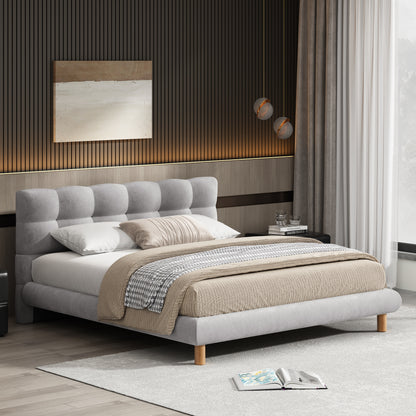 Full Size Upholstered Platform Bed Frame with Cookie-Shaped  Headboard, Easy Assembly, soft and comfortable,Grey