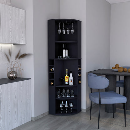 71' Corner Bar Cabinet with Five Shelves, Eight Bottle Cubbies and Stemware,Black
