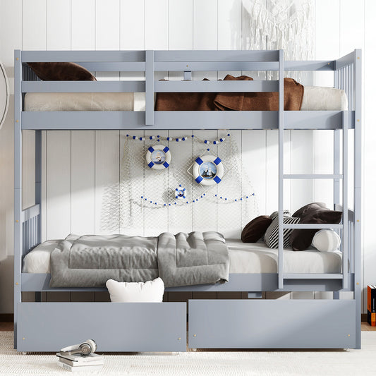 Twin Over Twin Rubber Wood Bunk Bed with 2 Drawers, Convertible into 2 Twin Beds, Twin Size Bunk Bed with Ladder and Safety Guardrails ,Grey