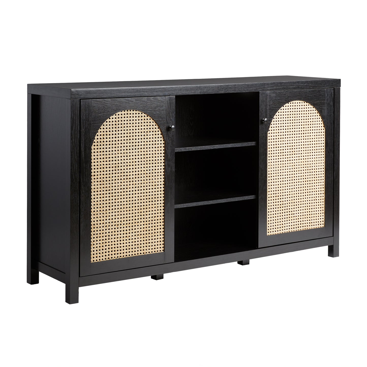 Transitional 58' 2-Door Sideboard with Arched Rattan Panels, Black