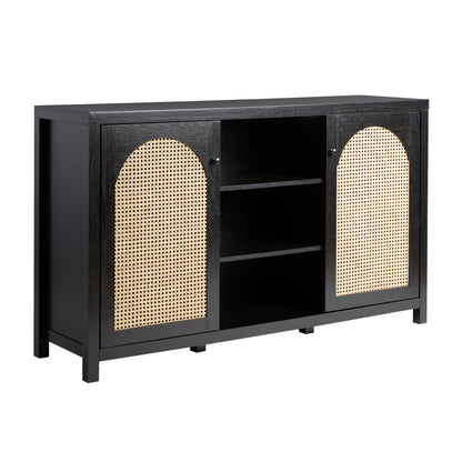 Transitional 58' 2-Door Sideboard with Arched Rattan Panels, Black