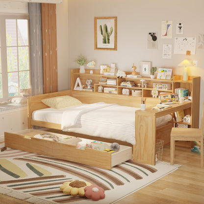Wooden Twin Size Daybed with Storage Shelves, Multi-functional Bed with Two Storage Drawers and  Study Desk, Natural (Old SKU: HL000189AAM)