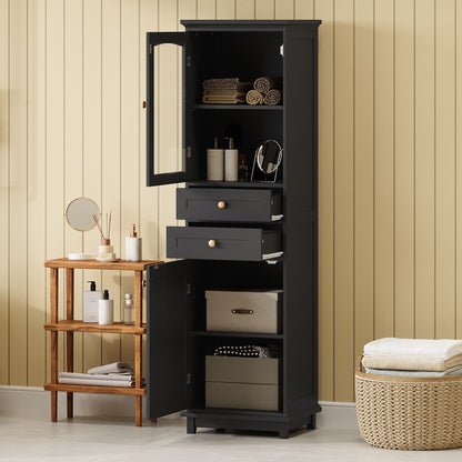 63' Tall Bathroom Storage Cabinet with Glass Doors, Free-Standing, Two Drawers, and Adjustable Shelves, MDF Board, Painted Black - Perfect for Displaying Your Favorite Items