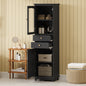 63' Tall Bathroom Storage Cabinet with Glass Doors, Free-Standing, Two Drawers, and Adjustable Shelves, MDF Board, Painted Black - Perfect for Displaying Your Favorite Items