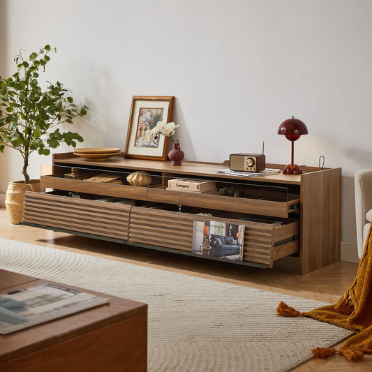 Mirod Modern TV Stand with Ample Storage,4 Drawer Design with Tempered Glass ,Built-in Charging Ports and Ambient LED Lighting ,Versatile for Any Decor Style
