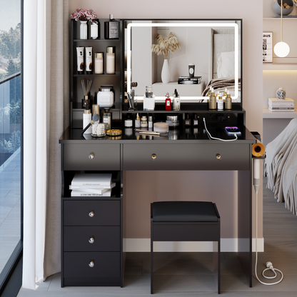 41' Large Size Left Drawer Desktop Vanity Table+Cushioned Stool Dresser Set, 2 AC+2 USB Power Station, Hair Dryer Stand, Extra Large Touch Control LED Mirror, 3-color Switch, EPA, GCC, UL Certificate