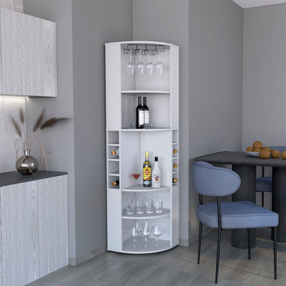 71' Corner Bar Cabinet with Five Shelves, Eight Bottle Cubbies and Stemware,White