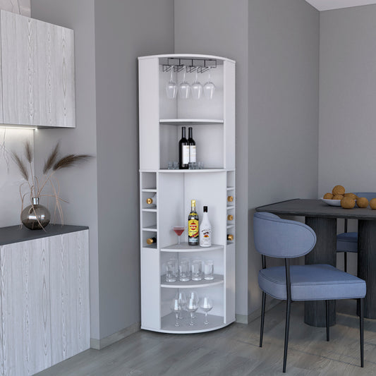 71' Corner Bar Cabinet with Five Shelves, Eight Bottle Cubbies and Stemware,White