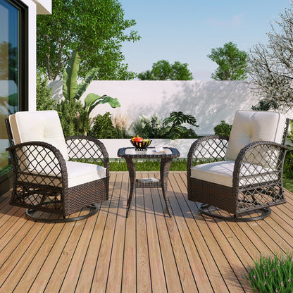 3-piece Outdoor Chair&Table Set Chat Set 2-person Rattan Seating Group with Two Swiveling and Rocking Chairs and a Square Table for Garden, Patio, or Balcony, Brown
