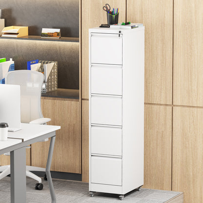 5 Drawer Metal Vertical File Cabinet with Lock on Wheels for Home Office,Heavy Duty Metal Storage Cabinet for A4/Letter/Legal Size Files, White, 17.71'D*15.16'W*64.17'H