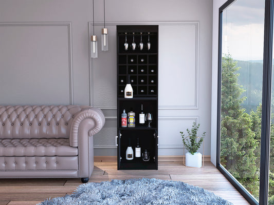 Kava Bar Cabinet, Concealable Serving Tray, Sixteen Built-in Wine Rack, One Shelf, Double Door Black