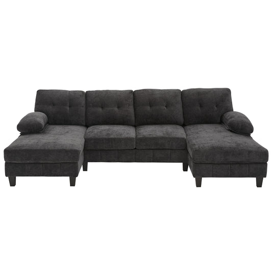 U-Shaped Sectional Sofa 103.5' Black Chenille Fabric Couch with Dual Chaise Lounges, Storage Pockets, Armrest Pillows