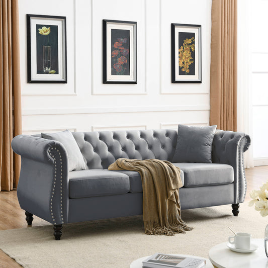 [Video] 80' Chesterfield Sofa Grey Velvet for Living Room, 3 Seater Sofa Tufted Couch with Rolled Arms and Nailhead for Living Room, Bedroom, Office, Apartment, two pillowsW834S00009