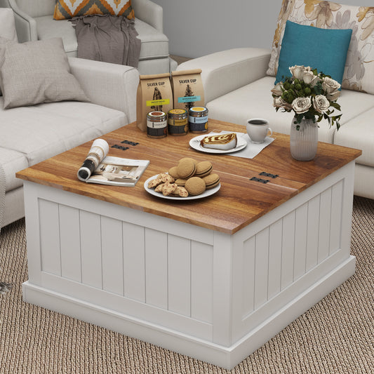 31.5' Farmhouse Coffee Table, Square Wood Center Table with Hinged Lift Top, Rustic Cocktail Table with Large Hidden Storage Compartmen for Living Room-White