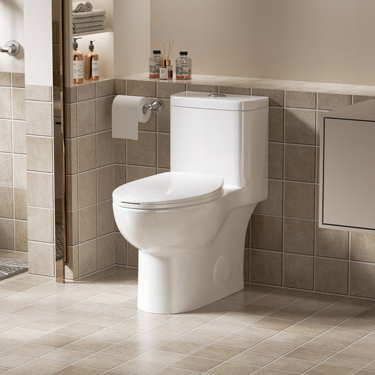 1.1/1.6 GPF Tornado Flush One-Piece Toilet with Comfort Chair Seat ADA Height 17',Powerful & Quiet Dual Flush Modern Toilet,Siphonic S-trap 12',Rimless Bowl with Soft Closing Seat,Gloss White GW-006