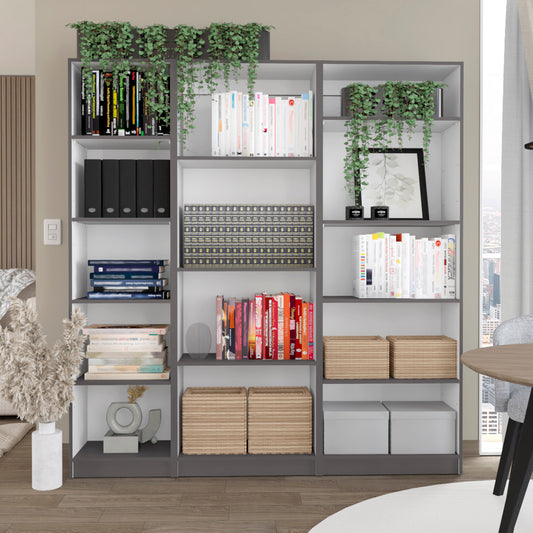 Dupree 3 Piece Home Bookcase set, 67' Wide with 14 Shelves ,  Living Room Set Set  Mat Gray - White
