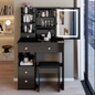 29.2' Small Size Left Drawer Desktop Vanity Table + Cushioned Stool, Large Sliding, Touch Control, Tri-color Switching, Brightness Adjust LED Mirror, High Capacity Storage, Suitable for Small Space