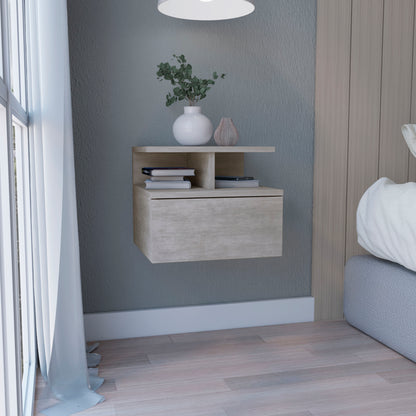 Floating Nightstand 12'H, Wall Mounted with Single Drawer and 2-Tier Shelf, Concrete Gray