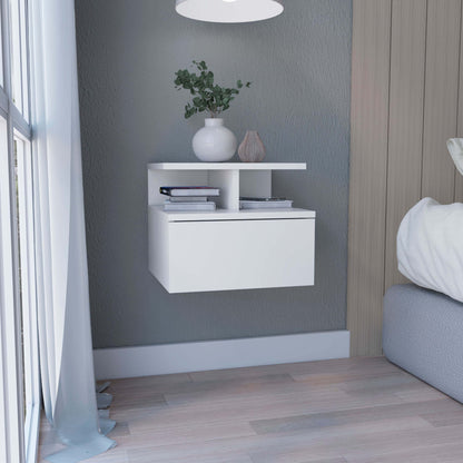 Floating Nightstand 12'H, Wall Mounted with Single Drawer and 2-Tier Shelf, White