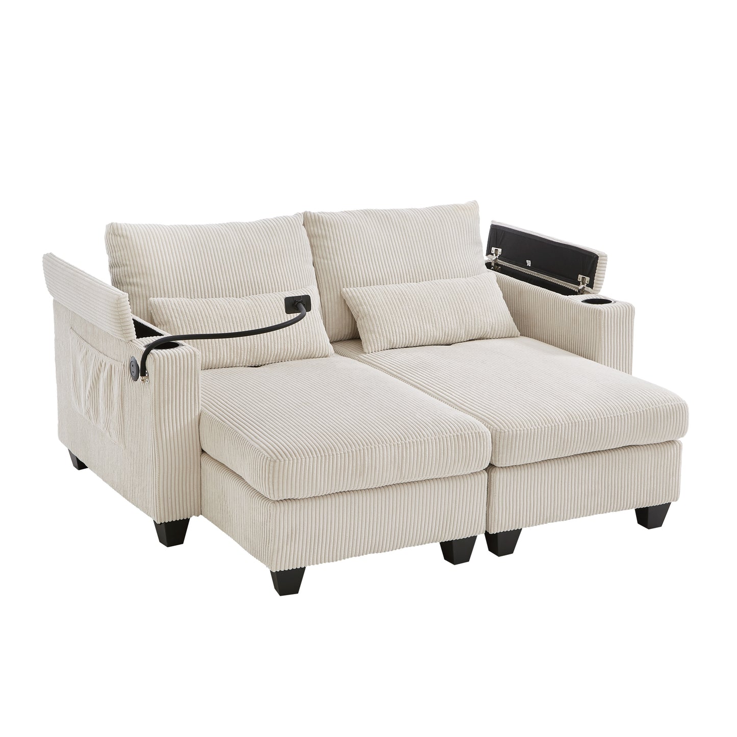Convertible Chaise Lounge 63' Loveseat Sofa Bed with USB Ports, Cup Holders, Phone Holder, Storage, Beige Corduroy