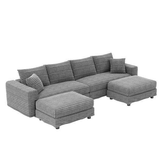 104.3 ' Plush Corduroy 4-Seat Sofa, Modern Comfy Upholstered Sofa Cloud Couch, Deep Seat Couches with Soft Pillows and 2 Ottomans, Convertible Sofa Lounge Chair, for Living Room,Apartment,Office,Grey