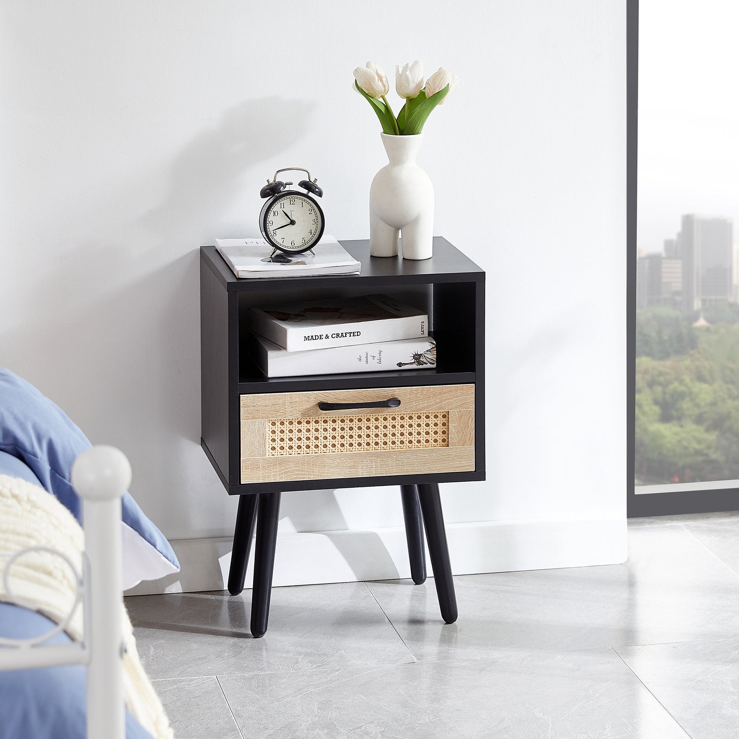 15.75' Rattan End table with  drawer and solid wood legs, Modern nightstand, side table for living room, bedroom, black