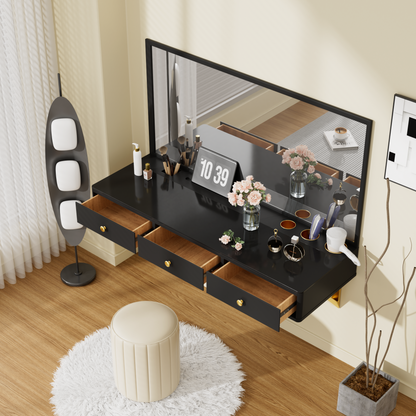 GO 47' Floating Shelf with Drawer, Multi-Purpose Wall-Mounted Vanity Table, Mounted Desk, Floating Table for Bedroom, Bathroom, Hairdressers, Black and Golden