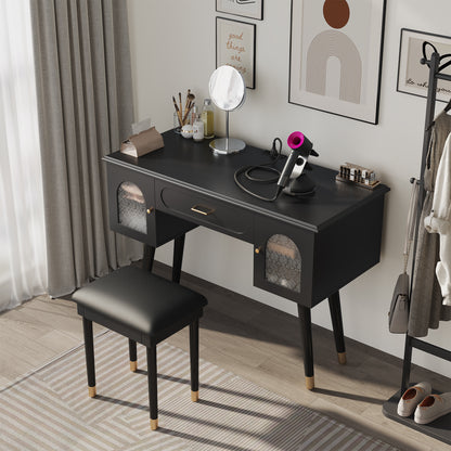 Elegant Vanity Makeup Table & Chair Set, Modern Dressing Table with Organizer, Writing Desk, Charging Port, Black