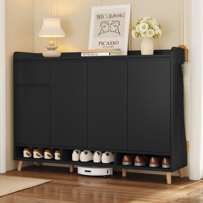 ON-TREND Sleek and Contemporary Shoe Cabinet with Adjustable Shelves, Minimalist Home Organizer with Solid Wood Legs, Storage Sideboard for Entryway, Living Room, Black